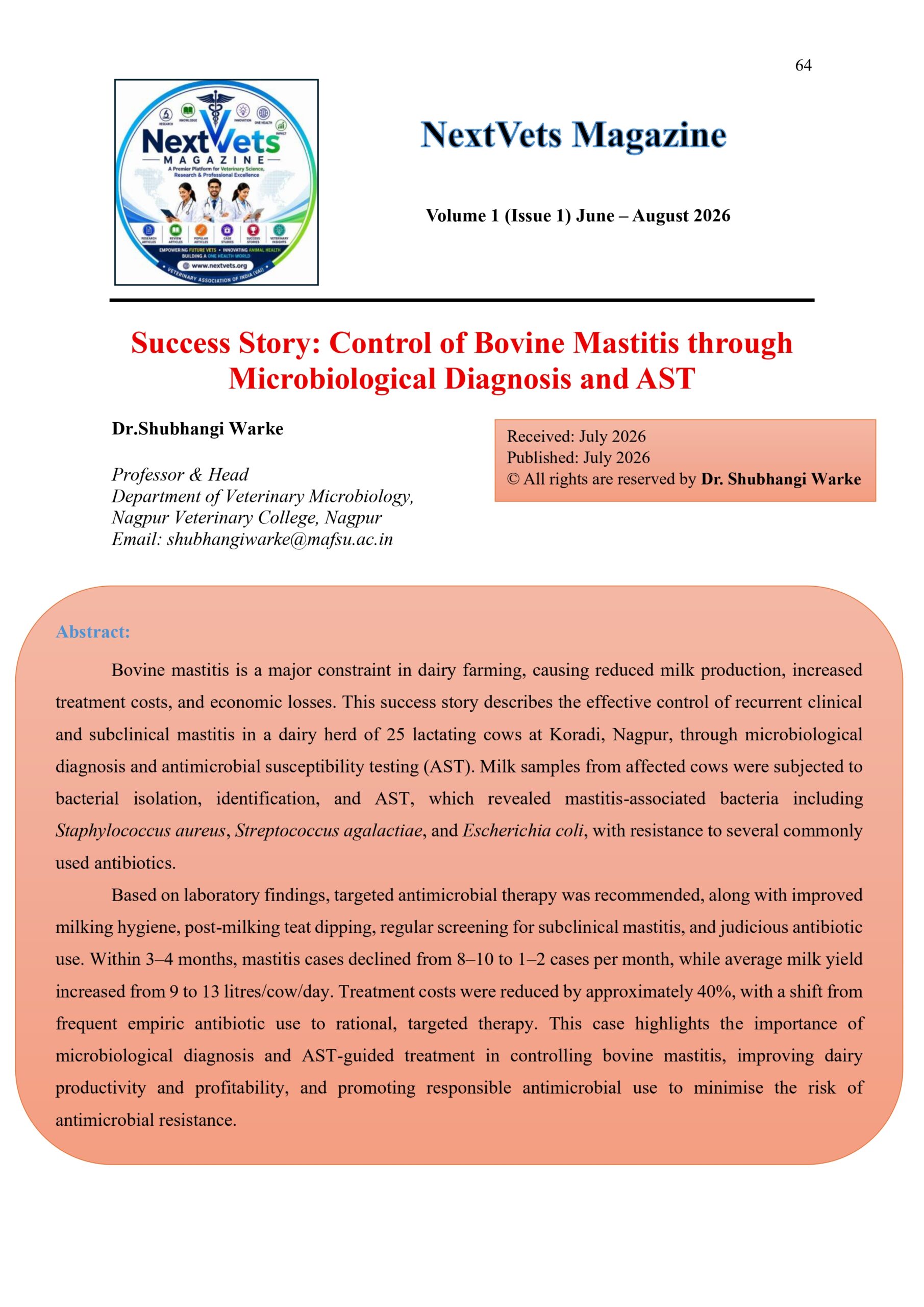 Success Story: Control of Bovine Mastitis through Microbiological Diagnosis and AST