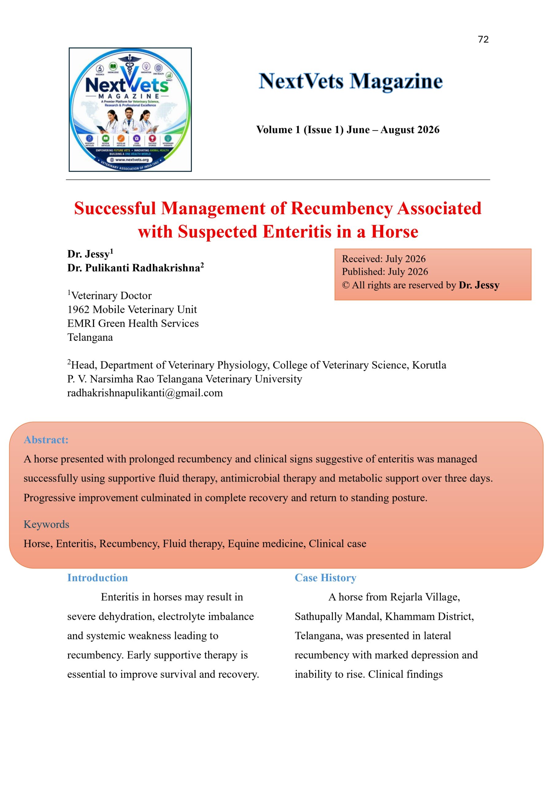 Successful Management of Recumbency Associated with Suspected Enteritis in a Horse
