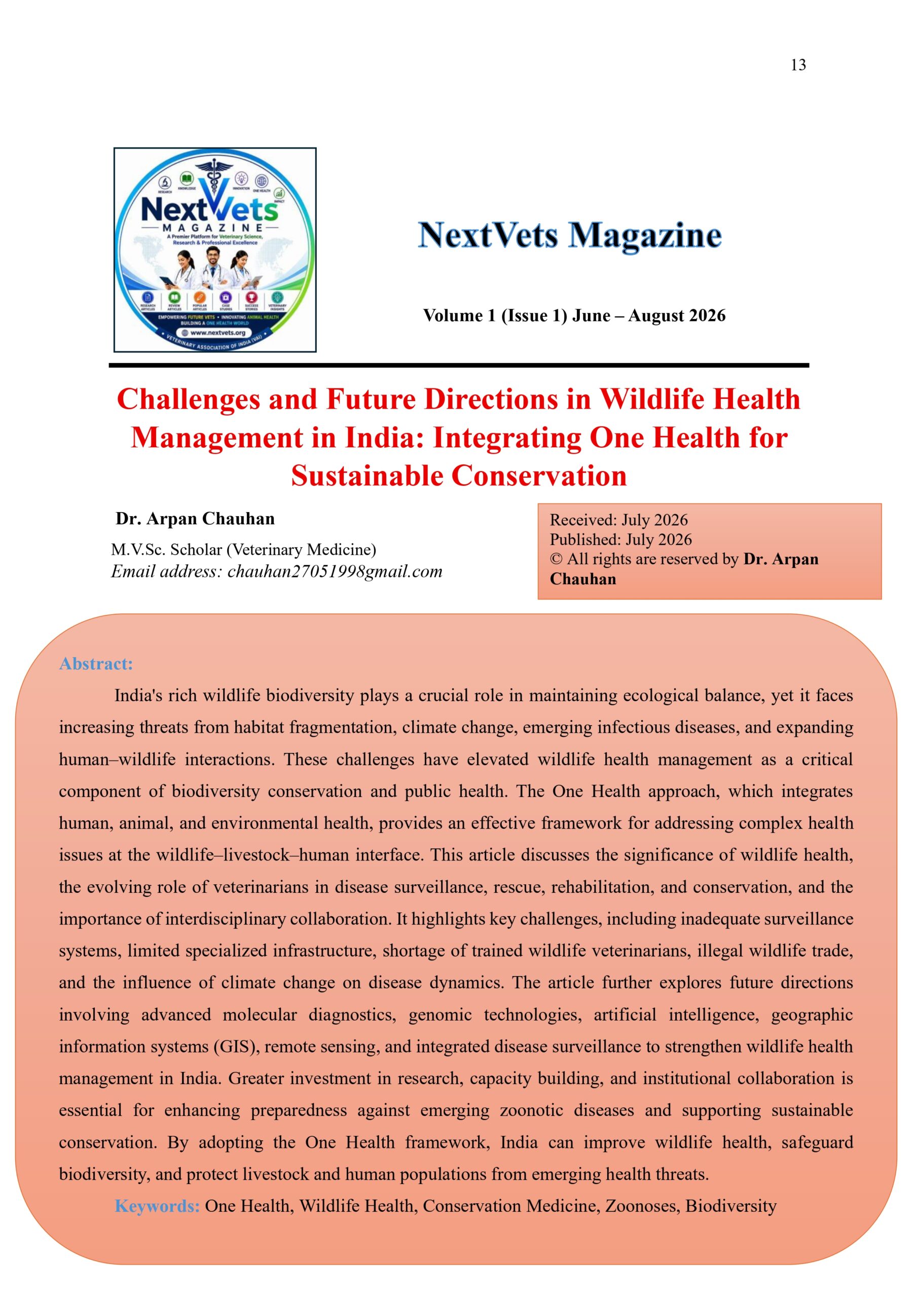 Challenges and Future Directions in Wildlife Health Management in India: Integrating One Health for Sustainable Conservation